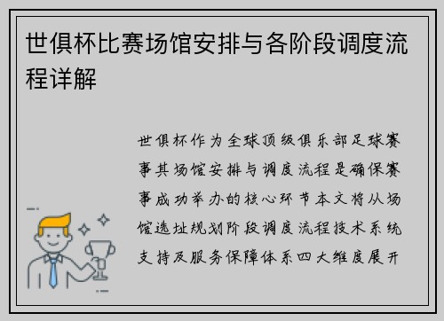 世俱杯比赛场馆安排与各阶段调度流程详解